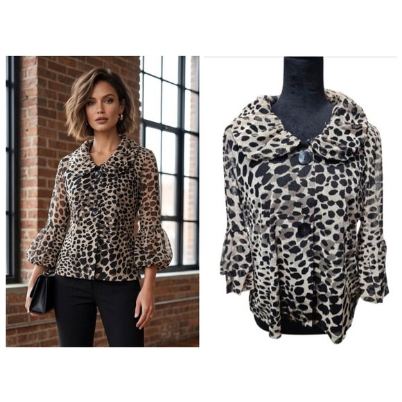 Damee Inc Tops - Damee Blouse Top Women Large Gray Leopard Mesh Ruffle Collar Balloon Hem Sleeve